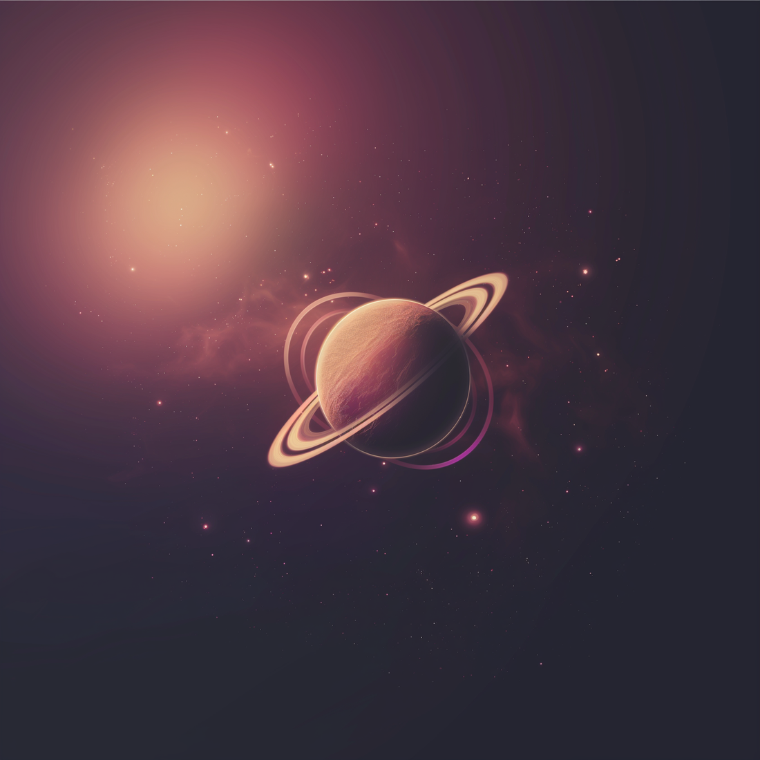 Realistic depiction of a planet with glowing rings, set against a dark, starry sky with a bright light source illuminating the scene in warm tones